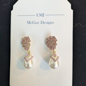 Pink and Gold Rhinestone Pearl Drop Earrings